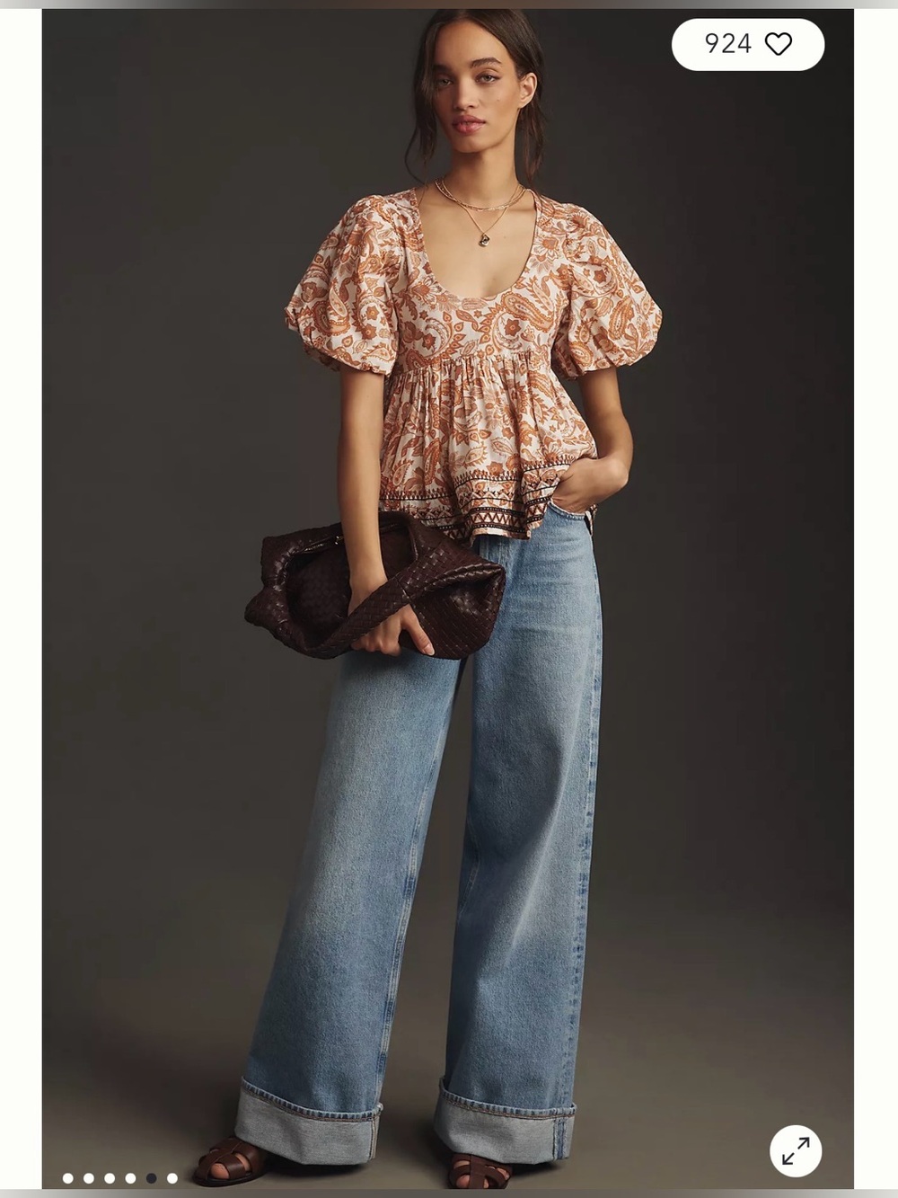 Anthropologie Puff-Sleeve Peasant babydoll Top in Rust Paisley SZ:L